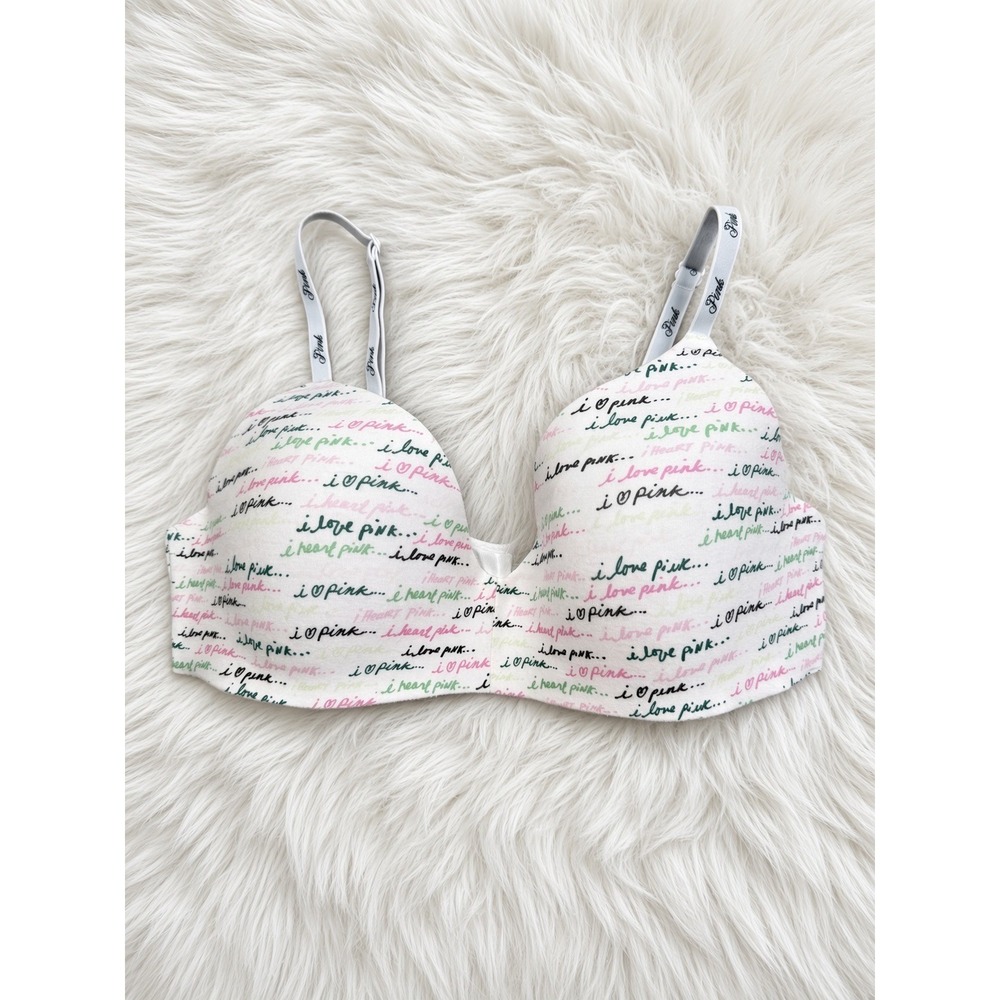 PINK Victoria's Secret Wear Everywhere Bra Womens 38C White Script Wireless